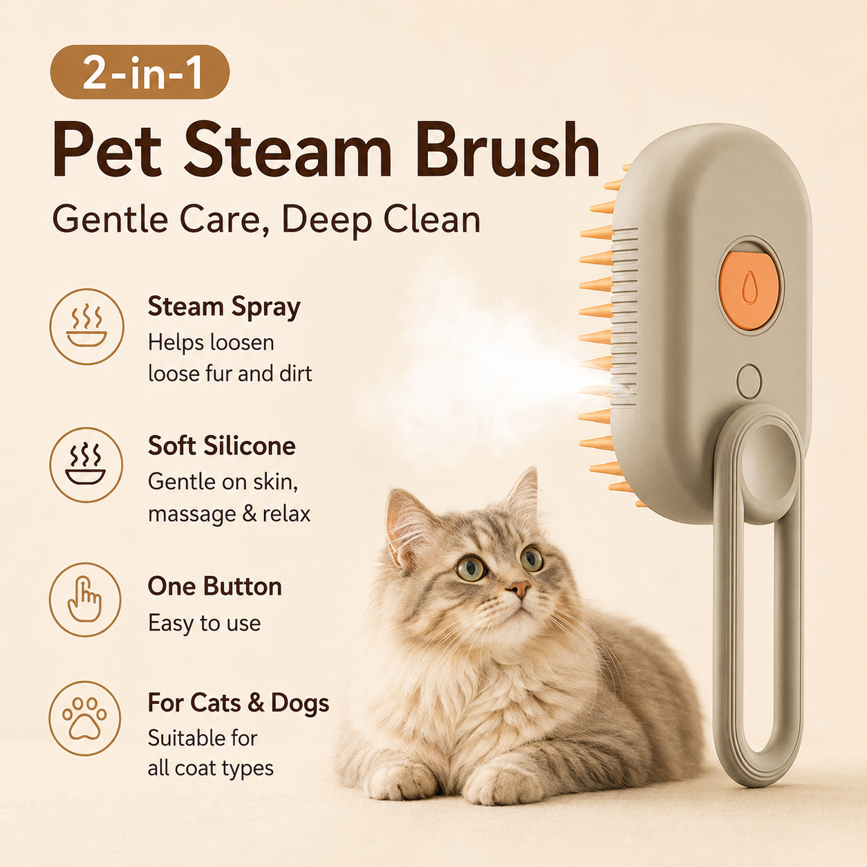 3-in-1 Electric Steam Pet Brush for Cats & Dogs