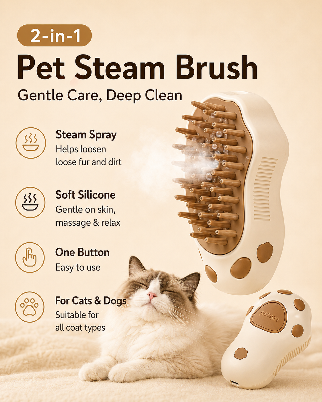 3-in-1 Electric Steam Pet Brush for Cats & Dogs